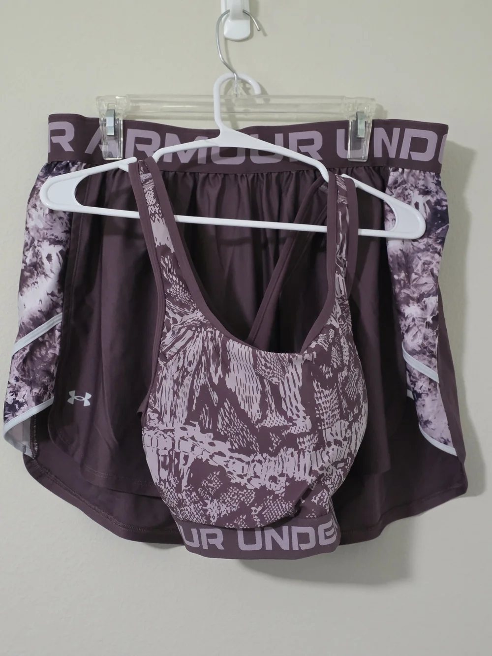 Under Armour Women's Purple Printed Sports Bra and Shorts Set